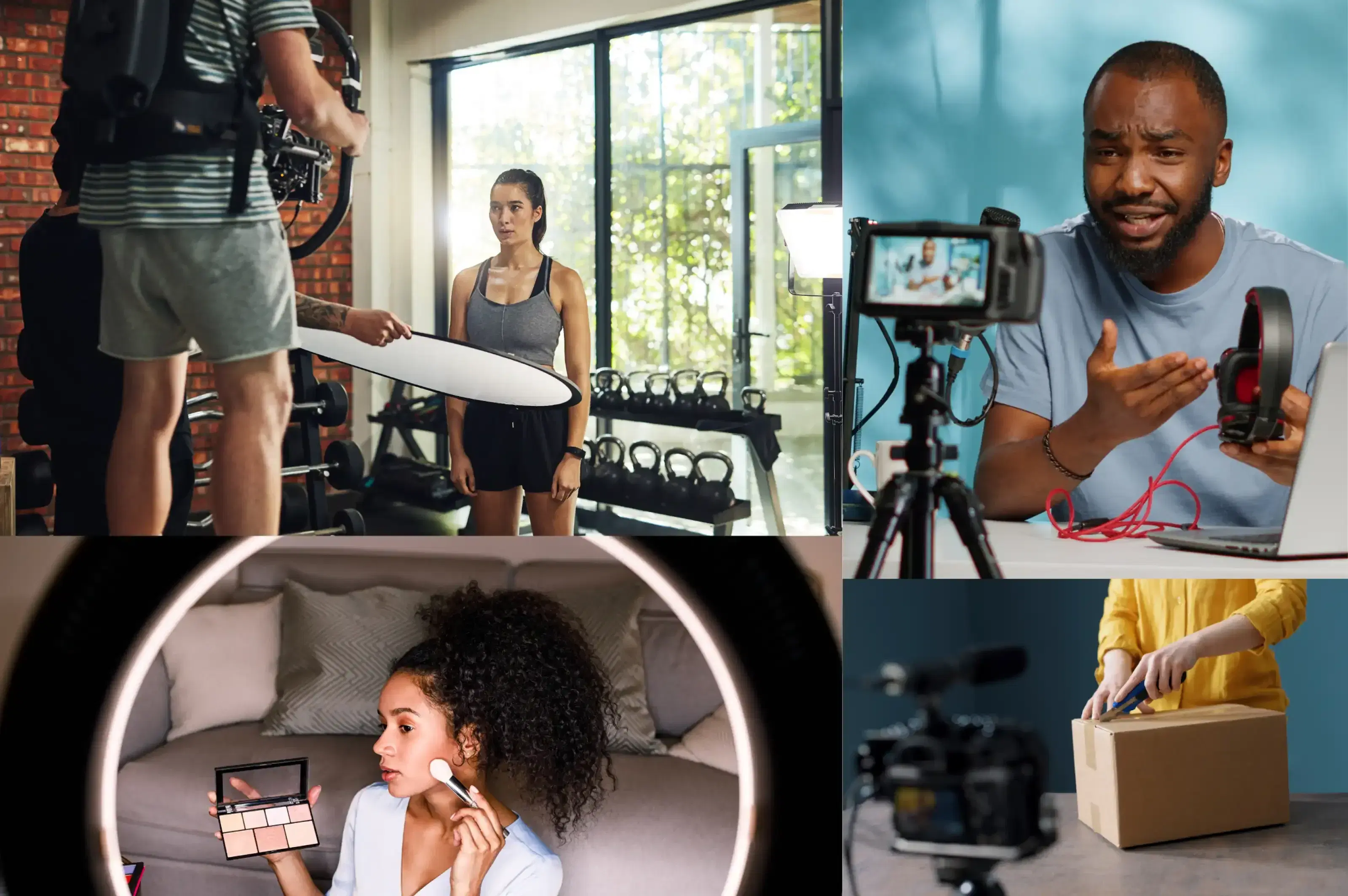 A collage of diverse video content ideas, such as behind-the-scenes clips, product reviews, and how-to tutorials.