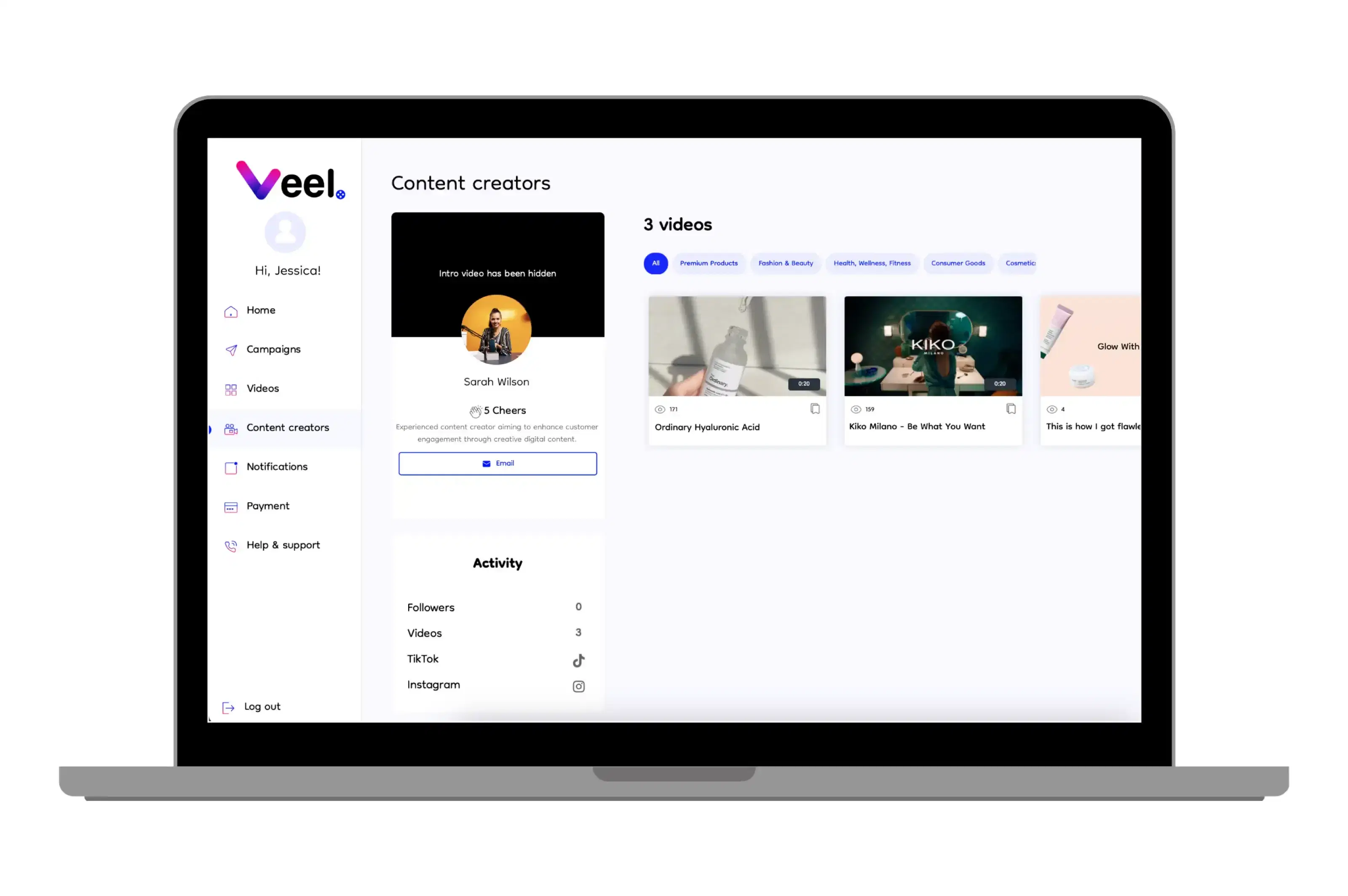 An image of the Veel platform interface with a content creator’s profile with videos from an enterprise account.