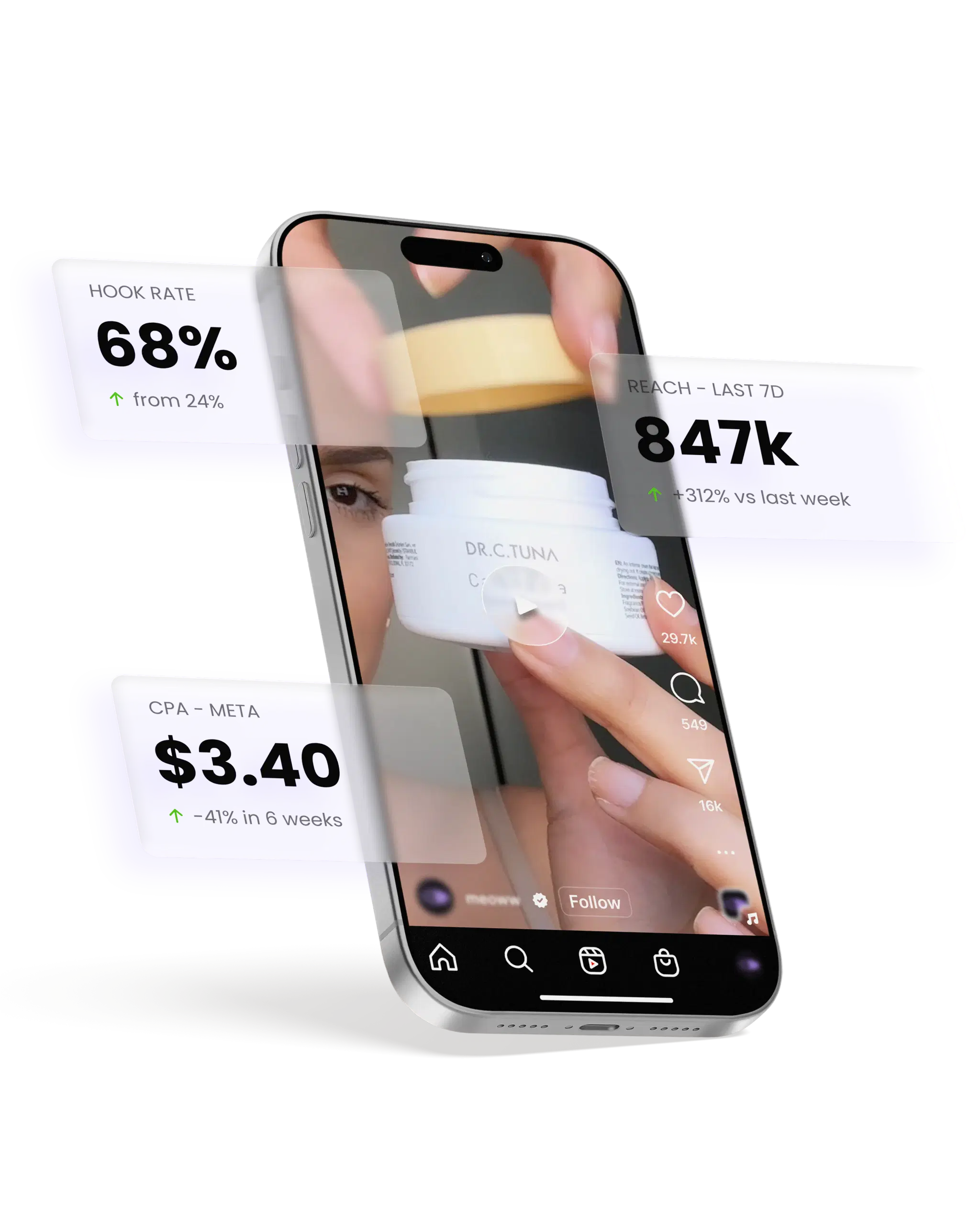 iPhone mockup with social media stats